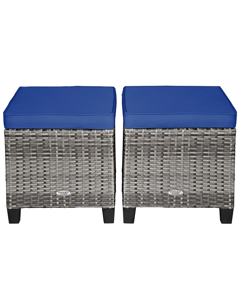 2PCS Patio Rattan Cushioned Ottoman Seat Foot Rest Table