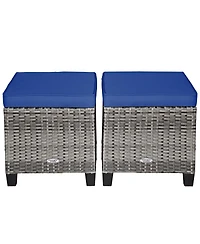 2PCS Patio Rattan Cushioned Ottoman Seat Foot Rest Table