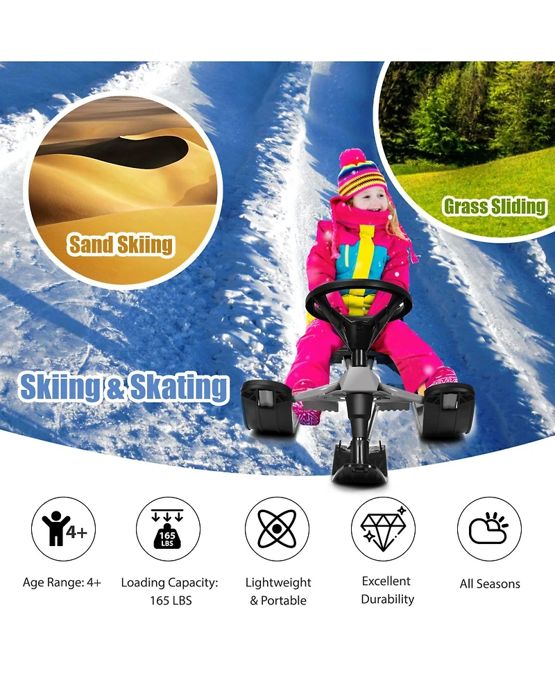 Kids Snow Racer Sled Steering Wheel Double Brakes Pull Rope