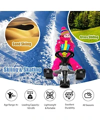 Kids Snow Racer Sled Steering Wheel Double Brakes Pull Rope