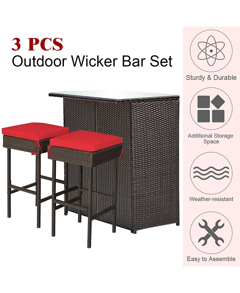 3PCS Patio Rattan Wicker Bar Table Stools Dining Set Cushioned