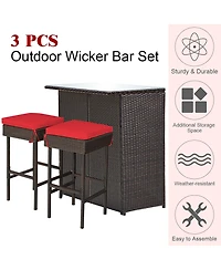3PCS Patio Rattan Wicker Bar Table Stools Dining Set Cushioned