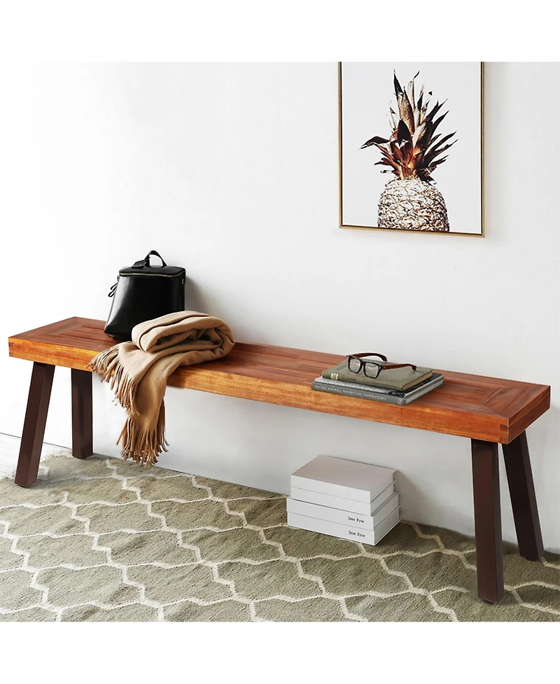 Costway Patio Acacia Wood Dining Bench Seat with Rustic Steel Legs for Outdoor Indoor
