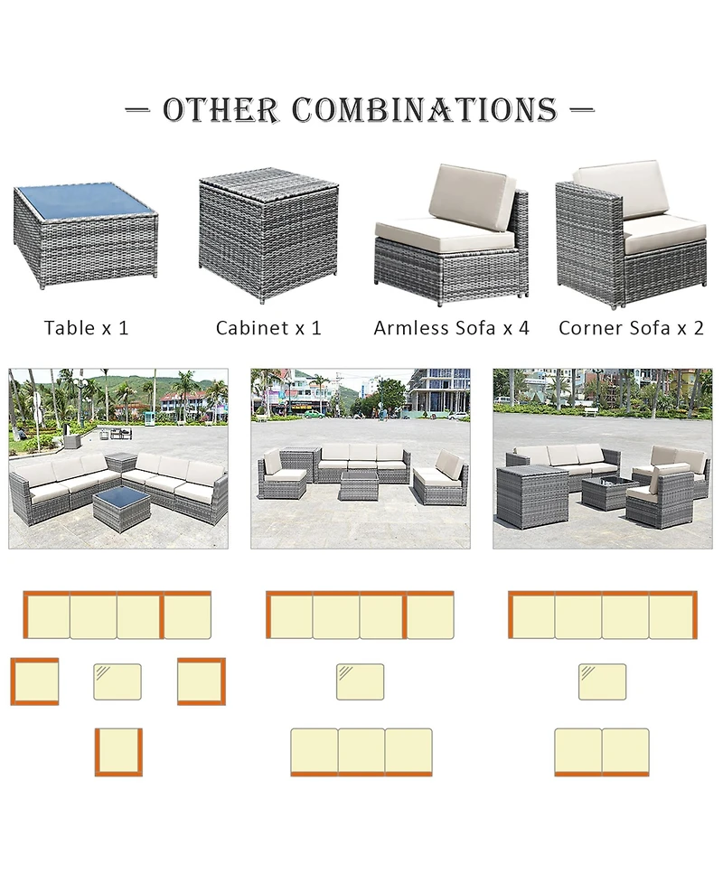 Gymax 8PCS Patio Rattan Sofa Sectional Conversation Furniture Set w/ White Cushion