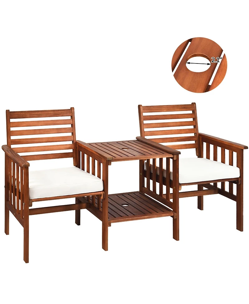 Gymax Acacia Wood Loveseat Patio Outdoor Conversation Set w/ Table Cushion