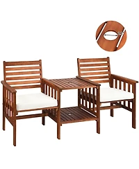 Gymax Acacia Wood Loveseat Patio Outdoor Conversation Set w/ Table Cushion