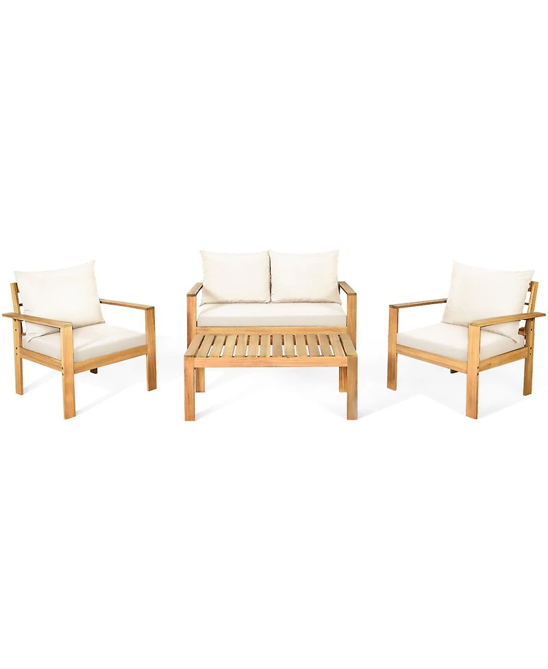 Gymax 8PCS Patio Acacia Wood Conversation Furniture Set w/ Off White Cushions