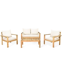 Gymax 8PCS Patio Acacia Wood Conversation Furniture Set w/ Off White Cushions