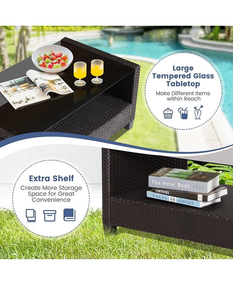 Gymax 4PCS Outdoor Conversation Set Patio Pe Rattan w/ Glass Table & Sofa Cushions