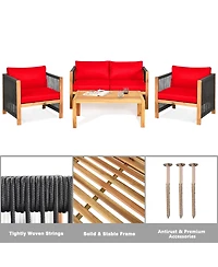 Gymax 4PCS Acacia Wood Outdoor Patio Furniture Conversation Set W/ Red Cushions