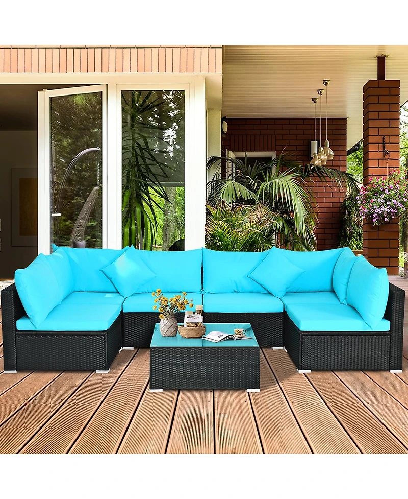 Gymax 7PCS Rattan Patio Conversation Set Sectional Furniture Set w/ Cushion