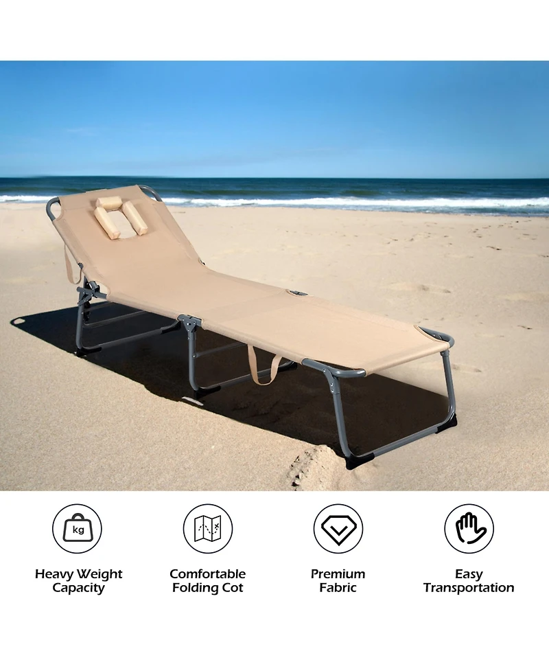 Gymax Folding Chaise Lounge Chair Bed Adjustable Outdoor Patio Beach Camping Recliner Beige