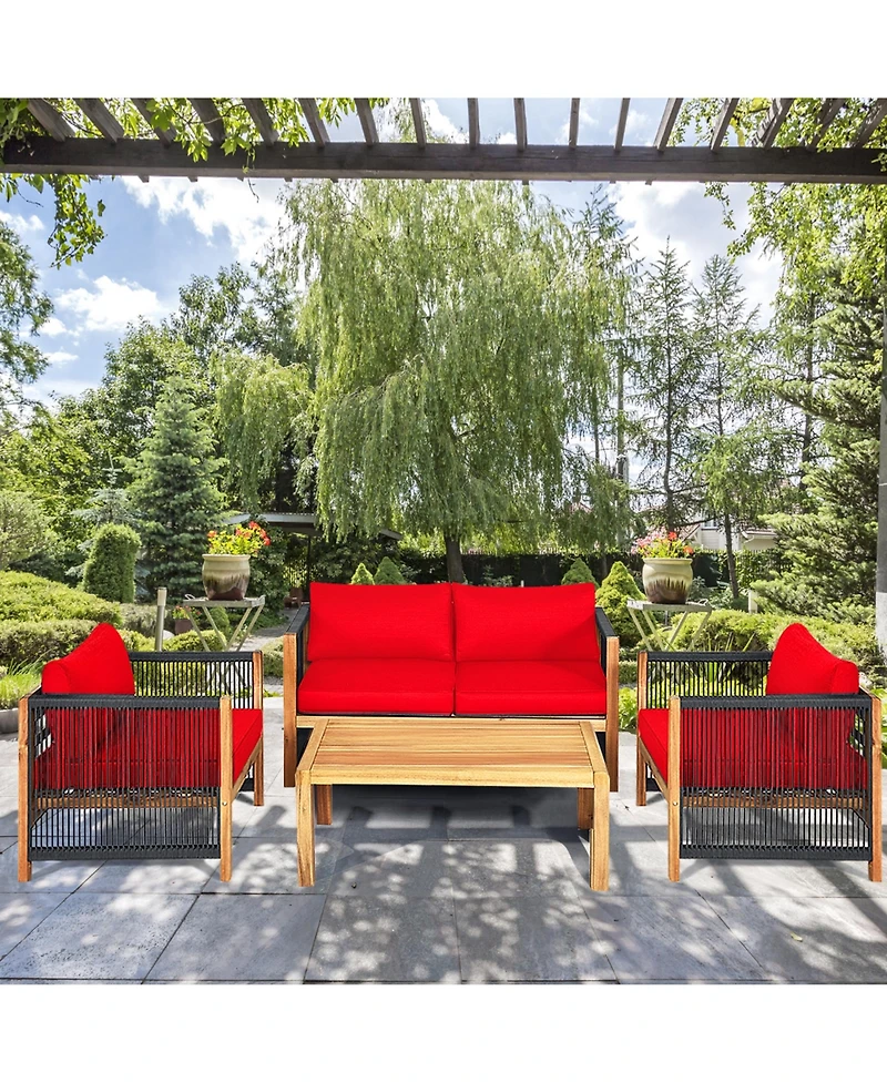 Gymax 8PCS Acacia Wood Outdoor Patio Furniture Conversation Set W/ Red Cushions