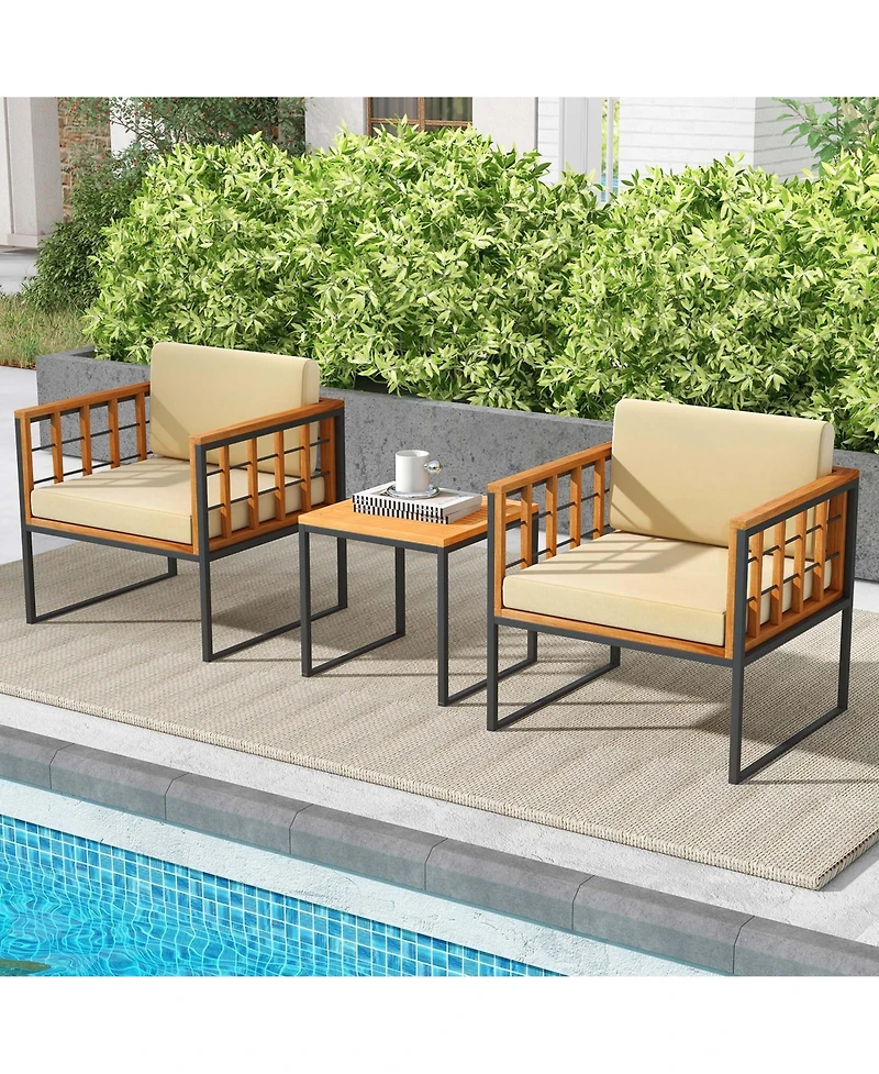 Costway 3 Pcs Patio Chair Set Acacia Wood Sofa Set with Metal Support Soft Seat Cushions