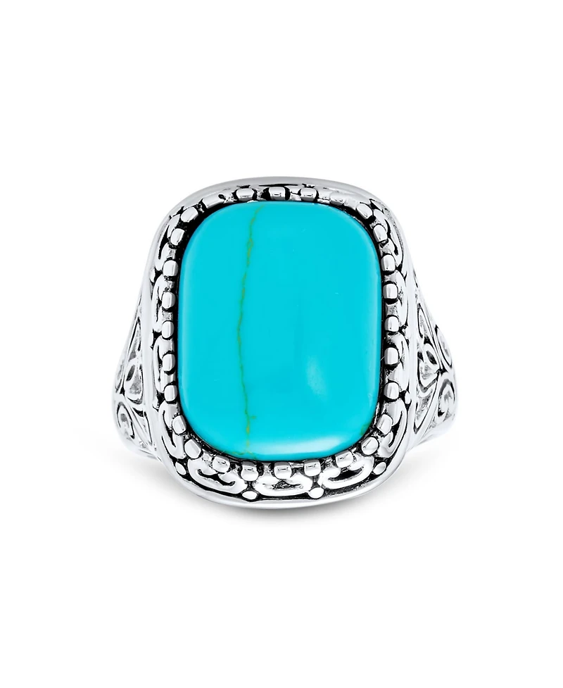 Bling Jewelry Large Rectangle Cabochon Milgrain Set Blue Natural Turquoise Western Statement Ring Filigree Scroll Band Sterling Silver