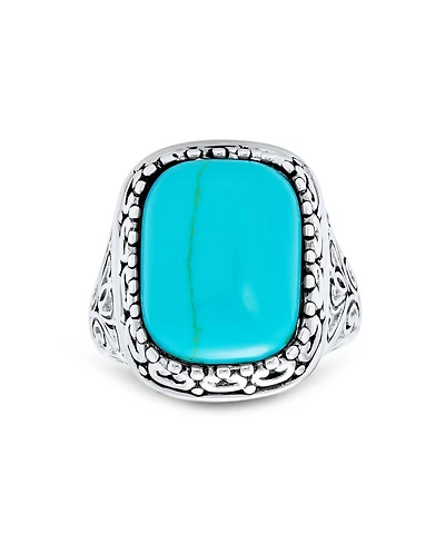 Bling Jewelry Large Rectangle Cabochon Milgrain Set Blue Natural Turquoise Western Statement Ring Filigree Scroll Band Sterling Silver