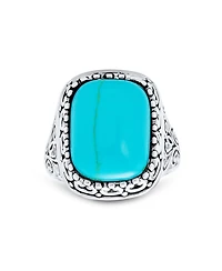 Bling Jewelry Large Rectangle Cabochon Milgrain Set Blue Natural Turquoise Western Statement Ring Filigree Scroll Band Sterling Silver