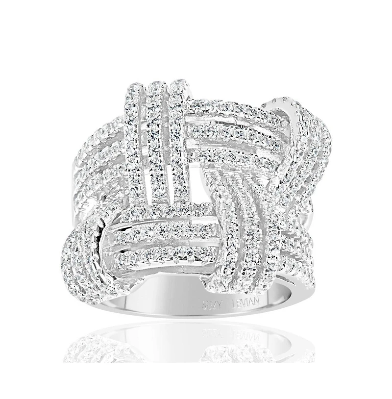 Suzy Levian Sterling Silver Cubic Zirconia Weaving Wide Band Ring