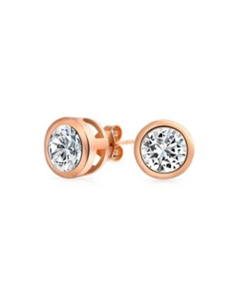 Bling Jewelry Simple Classic Martini Bezel Set Cubic Zirconia Cz Round Solitaire Stud Earrings Rose Gold Plated .925 Sterling Silver