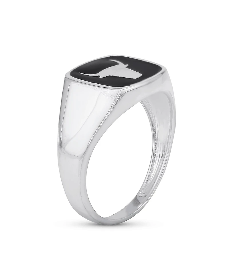 Bling Jewelry Signet Black Natural Onyx Square Western Texas Longhorn Buffalo Cow Antelope Skull Bull Ring Sterling Silver
