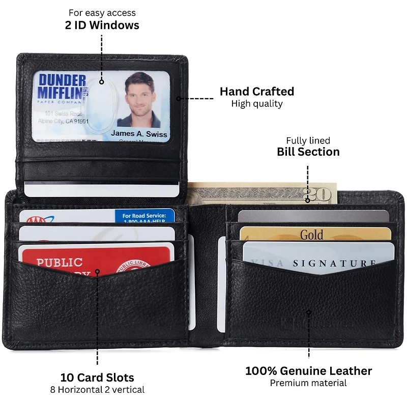 Alpine Swiss Mens Genuine Leather Passcase Bifold Wallet Rfid Safe 2 Id Windows