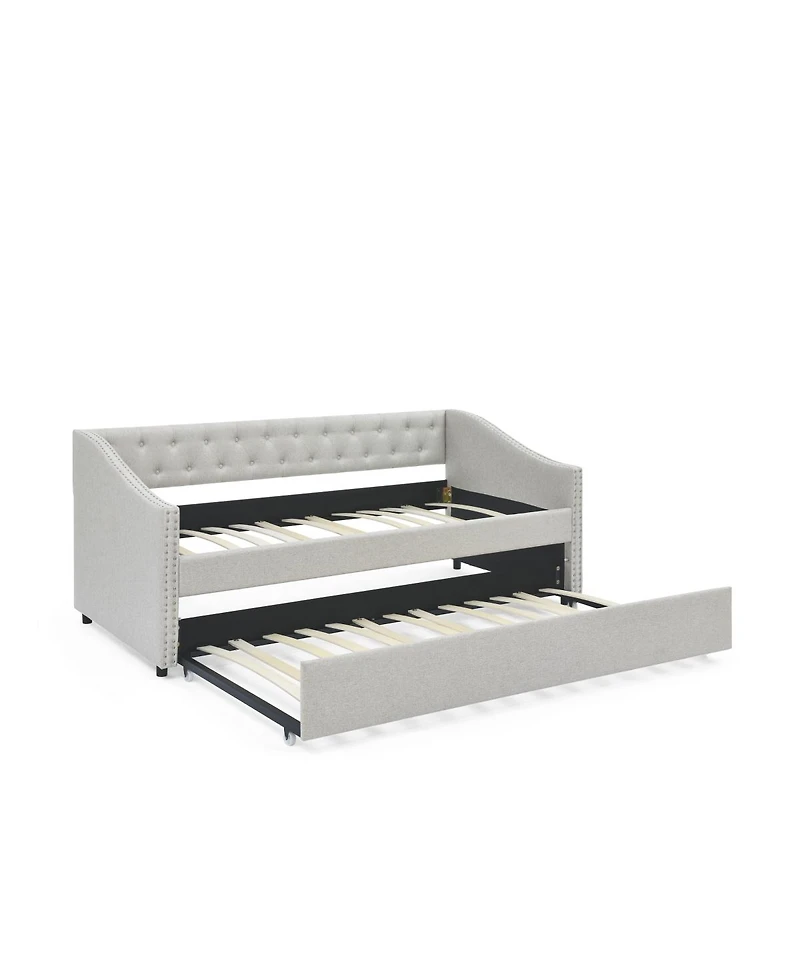 Simplie Fun Upholstered Twin Daybed with Trundle, Beige