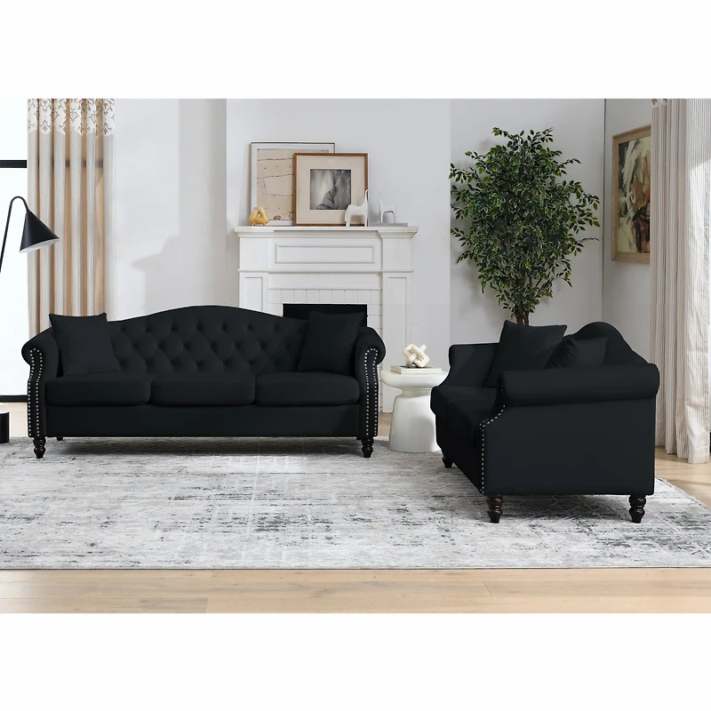 Streamdale Black Velvet 3-Seater Sofa with Rolled Arms & Nailhead