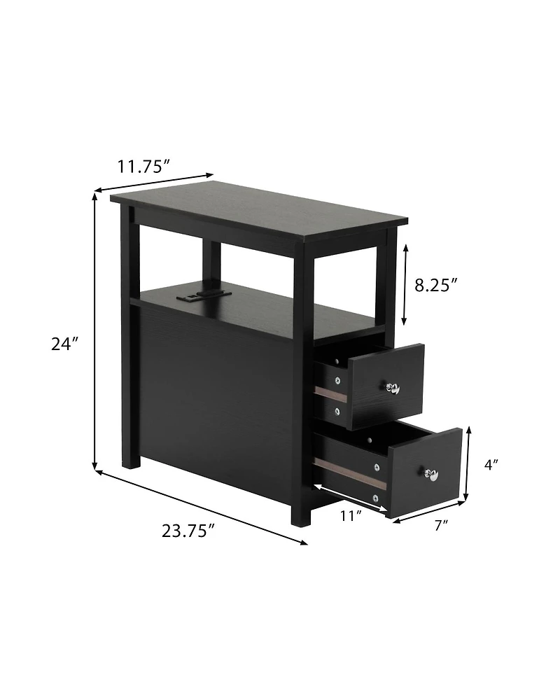 Simplie Fun End Table With Charging Station, Narrow Sofa Side Table, Wooden Nightstand, Bedroom, Black