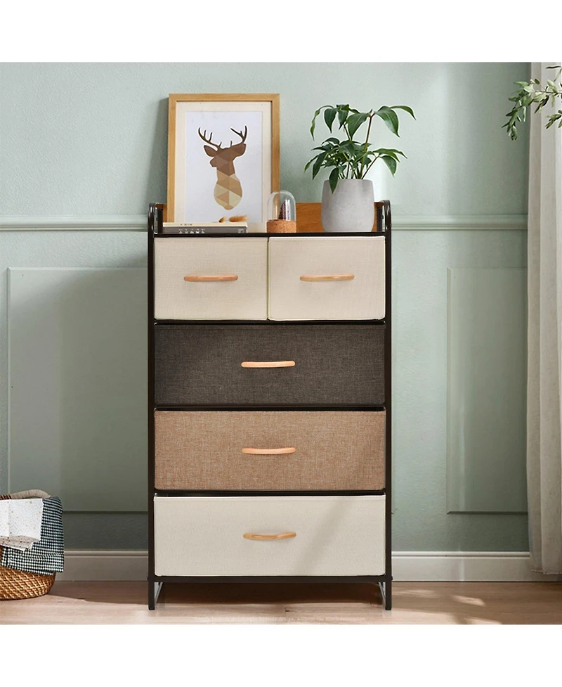 Sugift 4-Tier Organizer Tower Steel Frame Wooden Top Storage with 5-Drawer Dresser