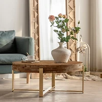 31.29"Modern Retro Splicing Round Coffee Table, Fir Wood Table Top With Gold Cross Legs Base
