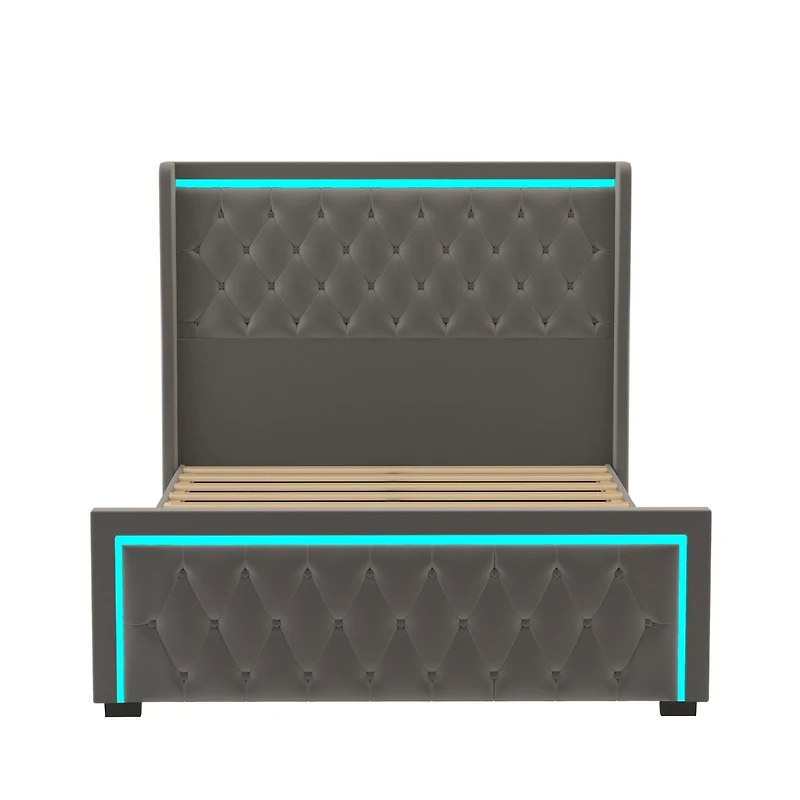 Grey Velvet Platform Bed with Led Headboard