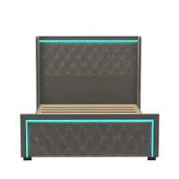 Grey Velvet Platform Bed with Led Headboard
