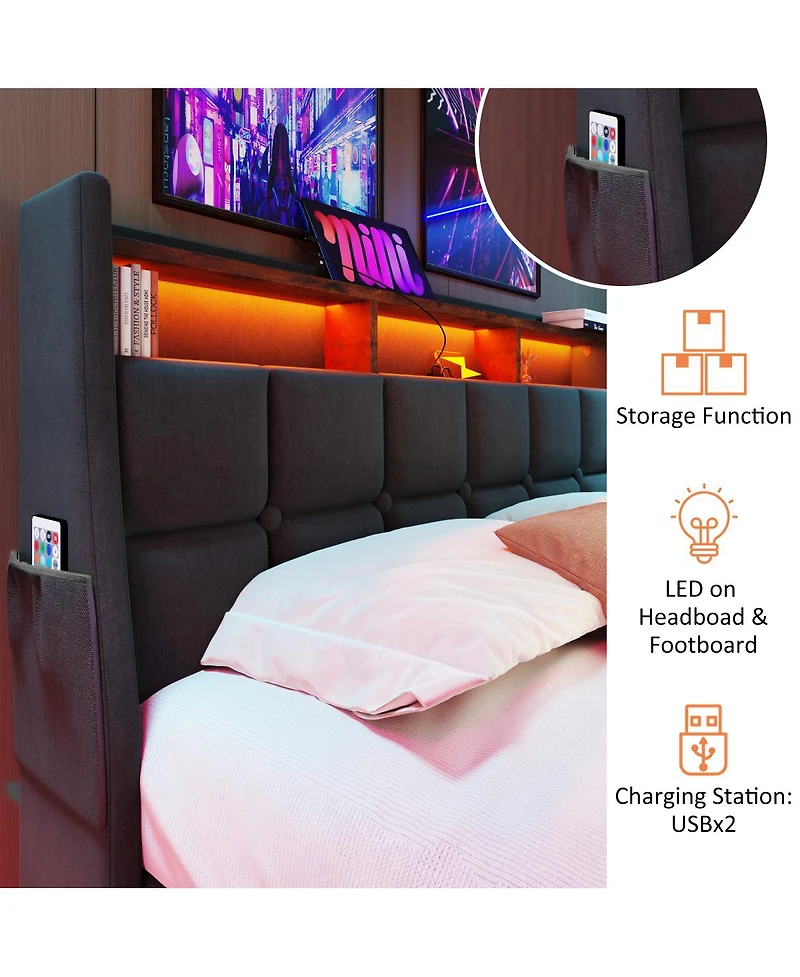 Streamdale Grey Upholstered Platform Bed with Storage and Led