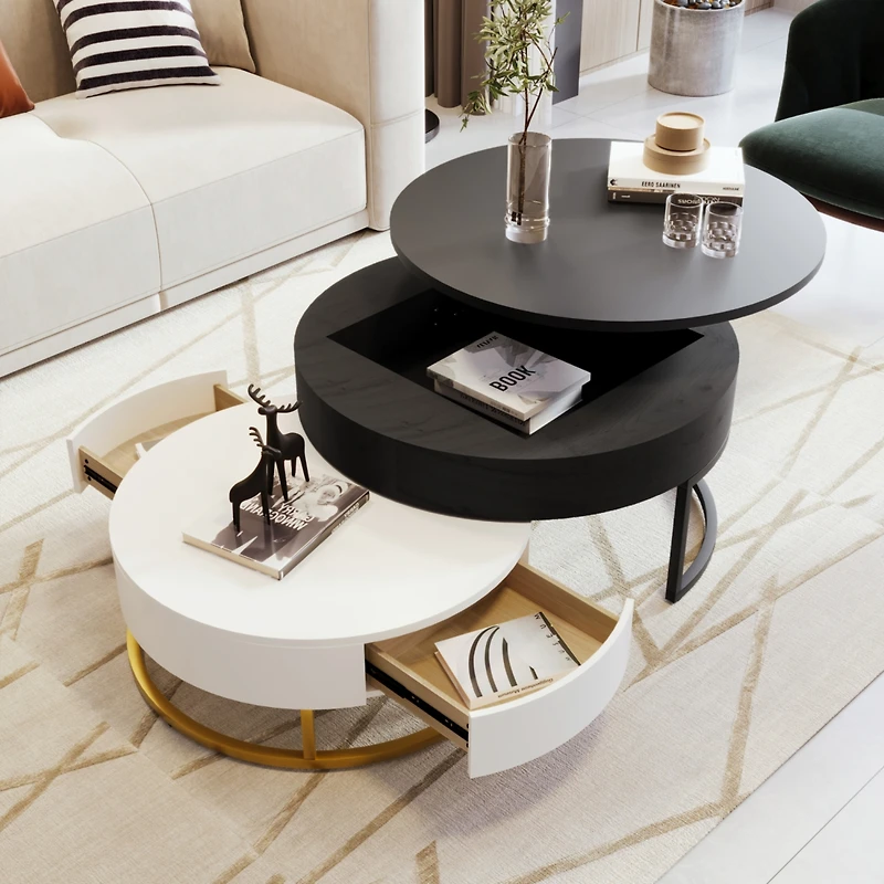 Streamdale Modern Round Lifttop Nesting Coffee Tables With 2 Drawersnatural
