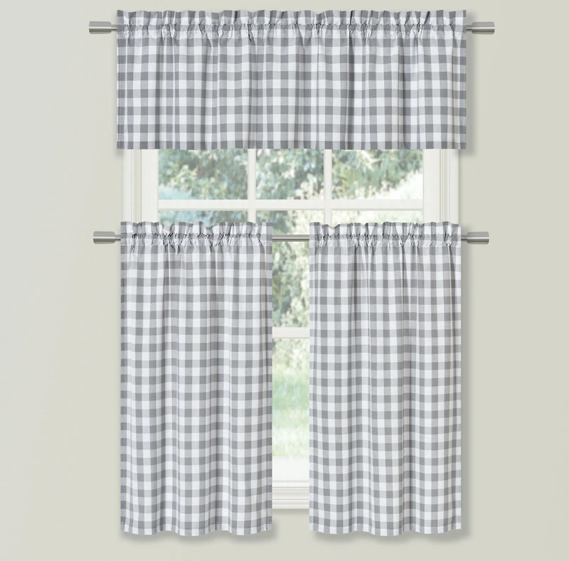 Kate Aurora Country Farmhouse Plaid Checkered Gingham 3 Pc Kitchen Curtain Tier & Valance Set