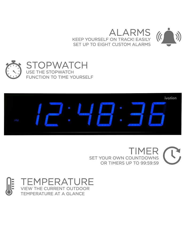 Ivation Large Digital Clock, 36" Led Wall Clock with Alarms, Timer & More