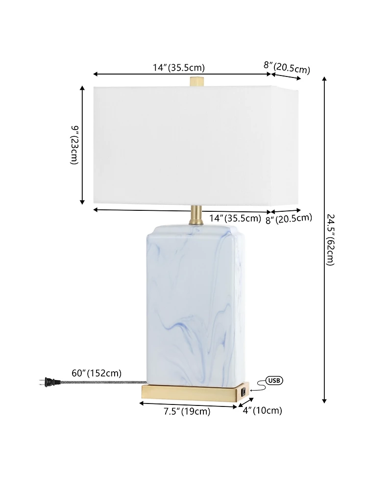 Jonathan Y Chloe 24.5" Modern Coastal Iron/Marbled Ceramic Led Table Lamp with Usb Charging Port, Blue/White (Set of 2)