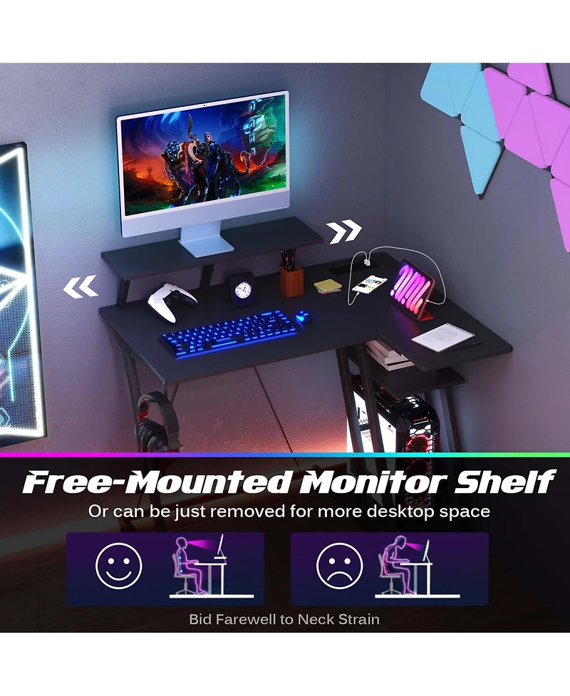 Costway L-Shaped Gaming Desk with Outlets & Usb Ports Monitor Shelf Headphone Hook