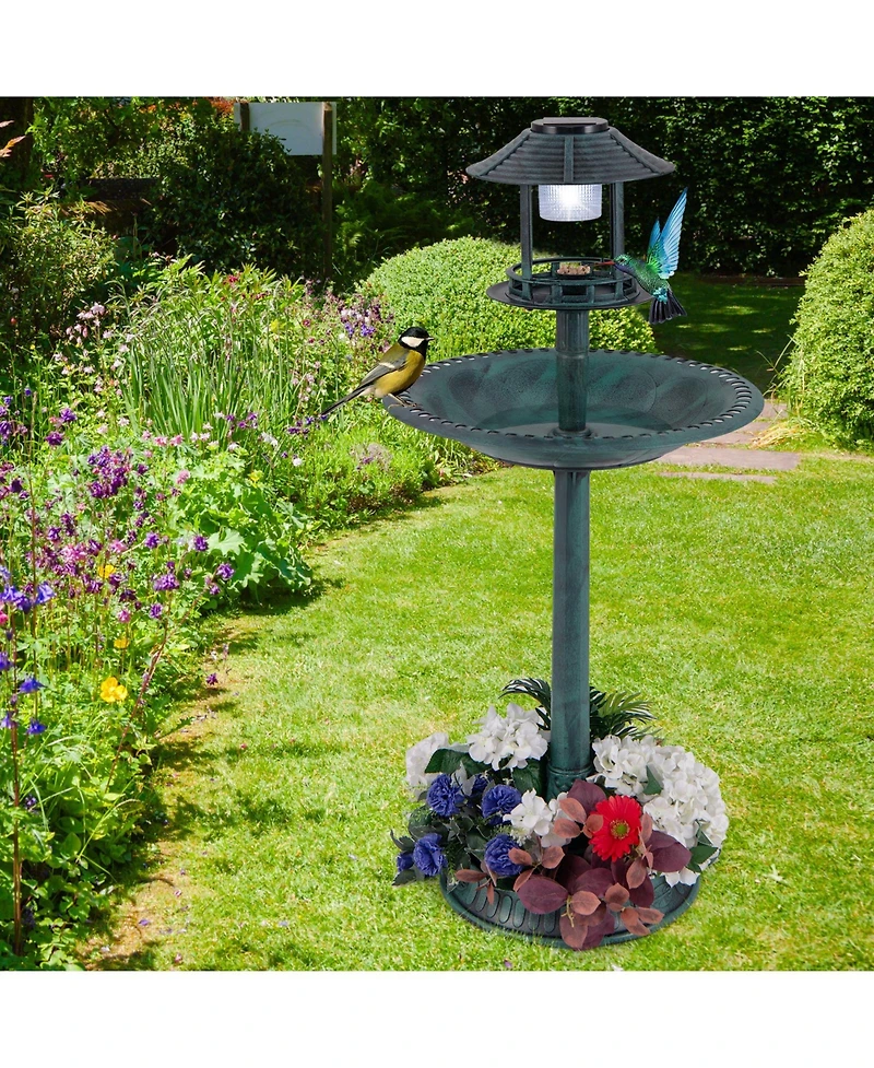 Slickblue Pedestal Bird Bath with Solar Light with Bird Feeder and Flower Planter
