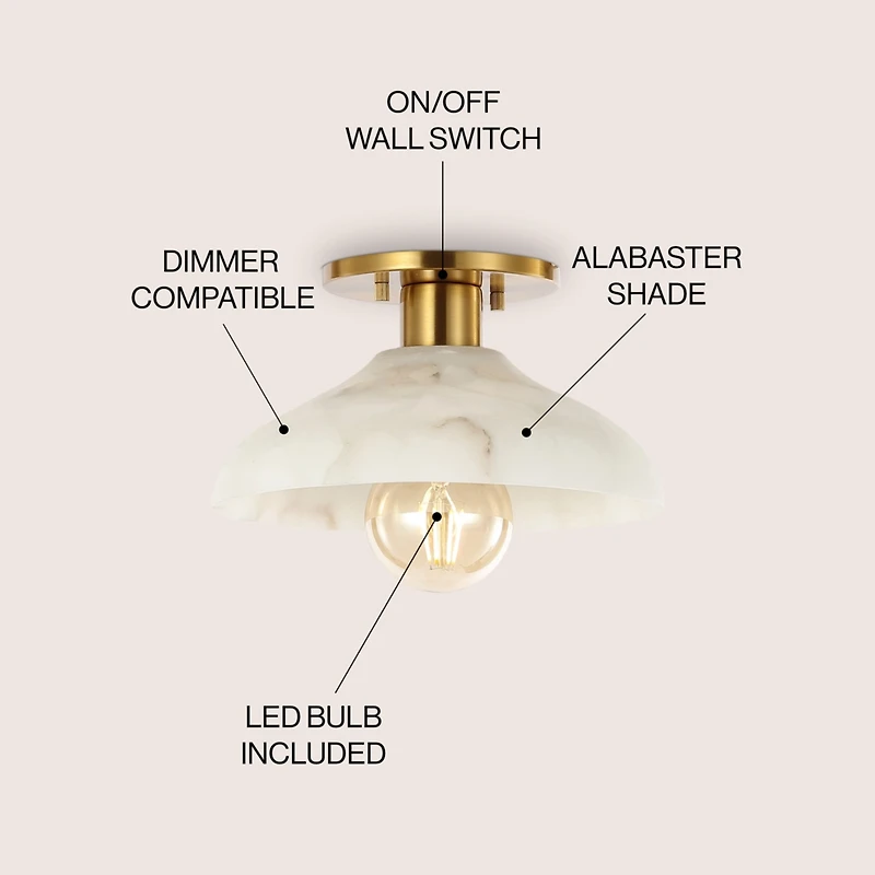 Jonathan Y Amara 10" 1-Light Mid-Century Classic Alabaster/Iron Led Semi Flush Mount, White/Brass Gold