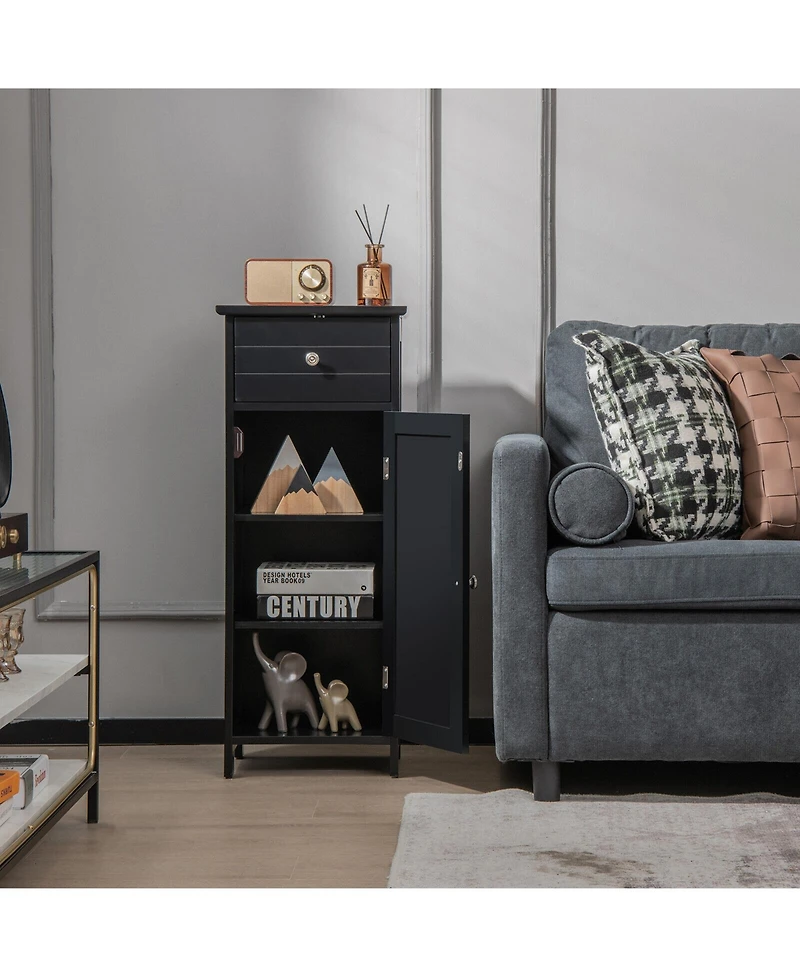 Slickblue Wooden Bathroom Floor Storage Cabinet with Drawer and Shelf-Black