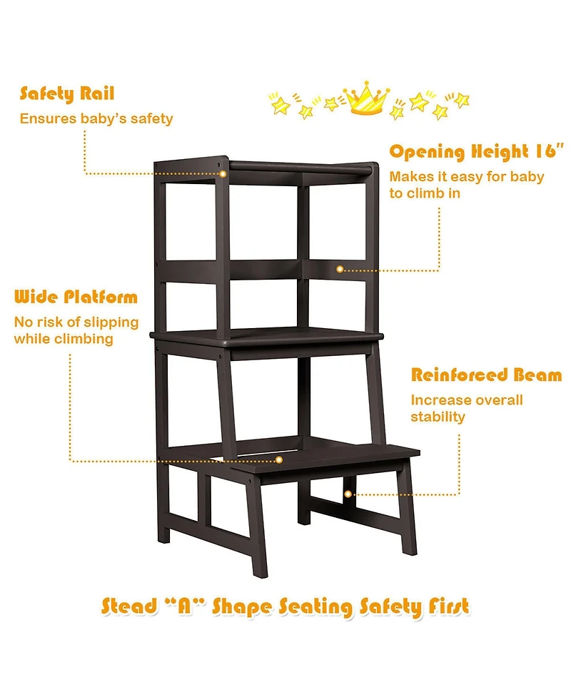 Costway Boys Kitchen Step Stool Wooden Stand Helper w/ Safety Rail