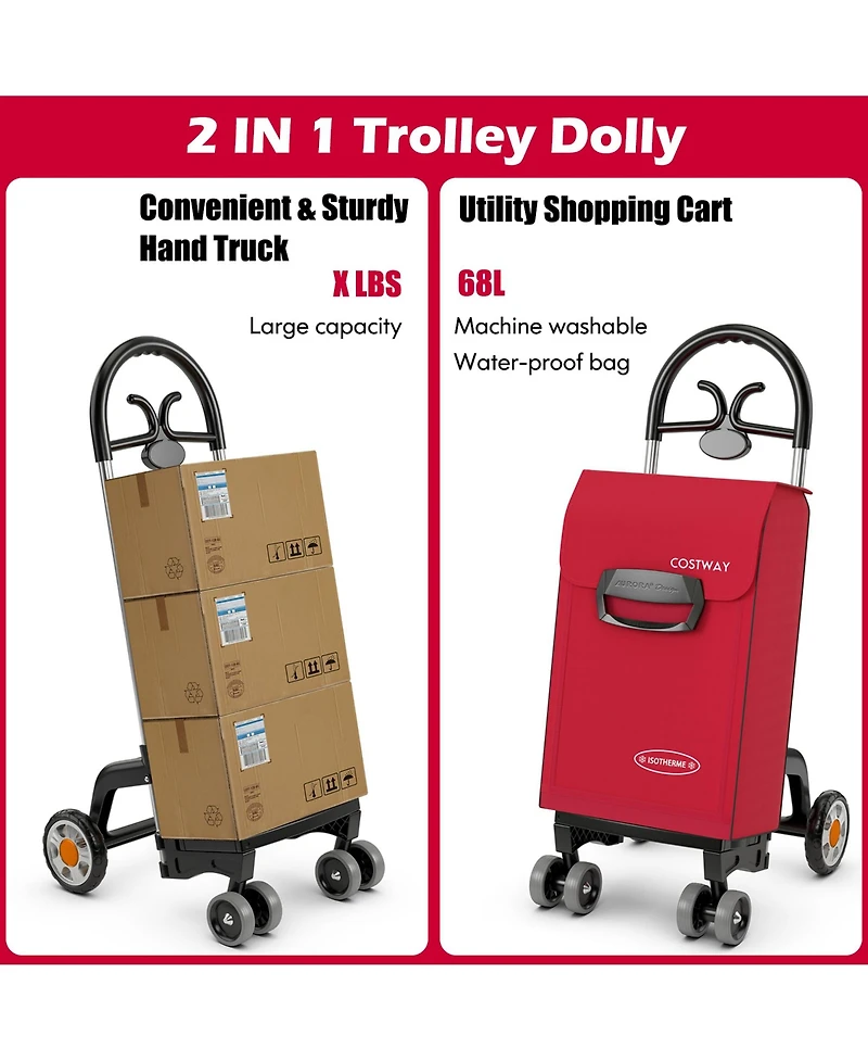 Folding Shopping Cart Utility Hand Truck with Rolling Swivel Wheels, Removable Bag & Cozy Handle