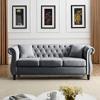Streamdale Grey Velvet Tufted 3-Seater Sofa with Pillows