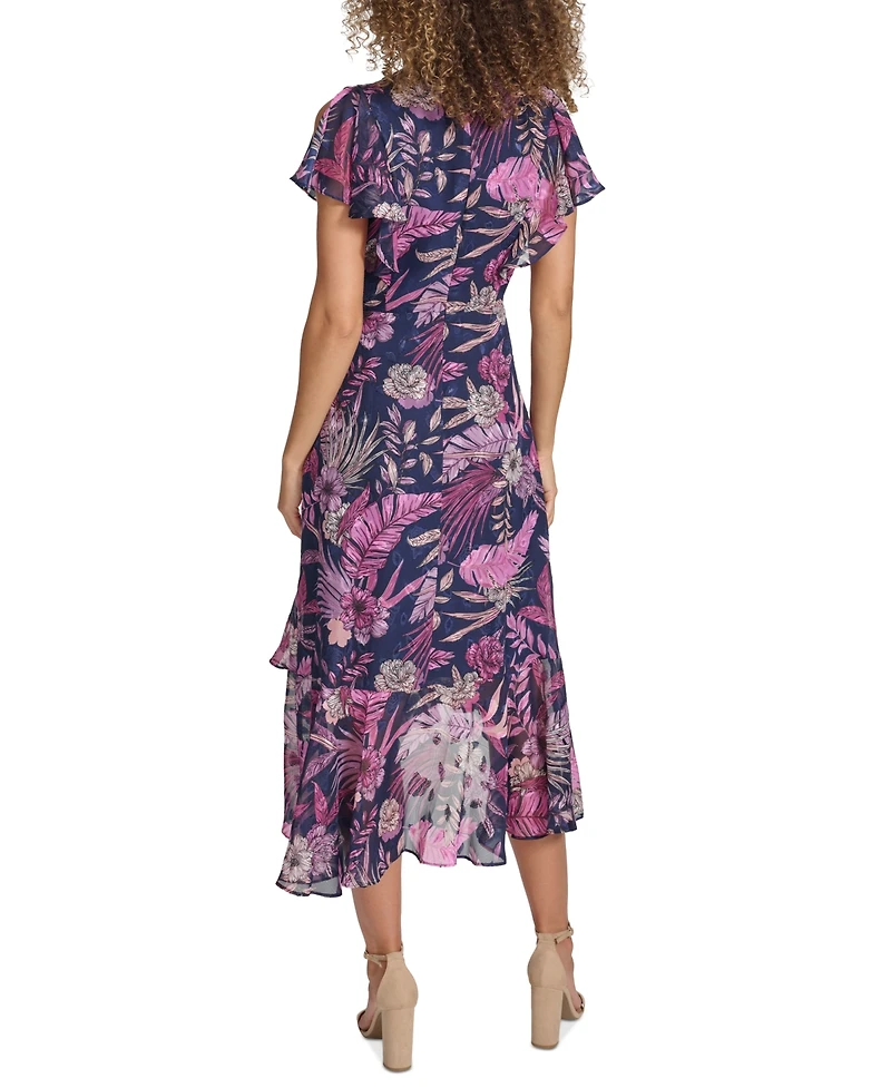 kensie Women's Printed Flutter-Sleeve Midi Dress