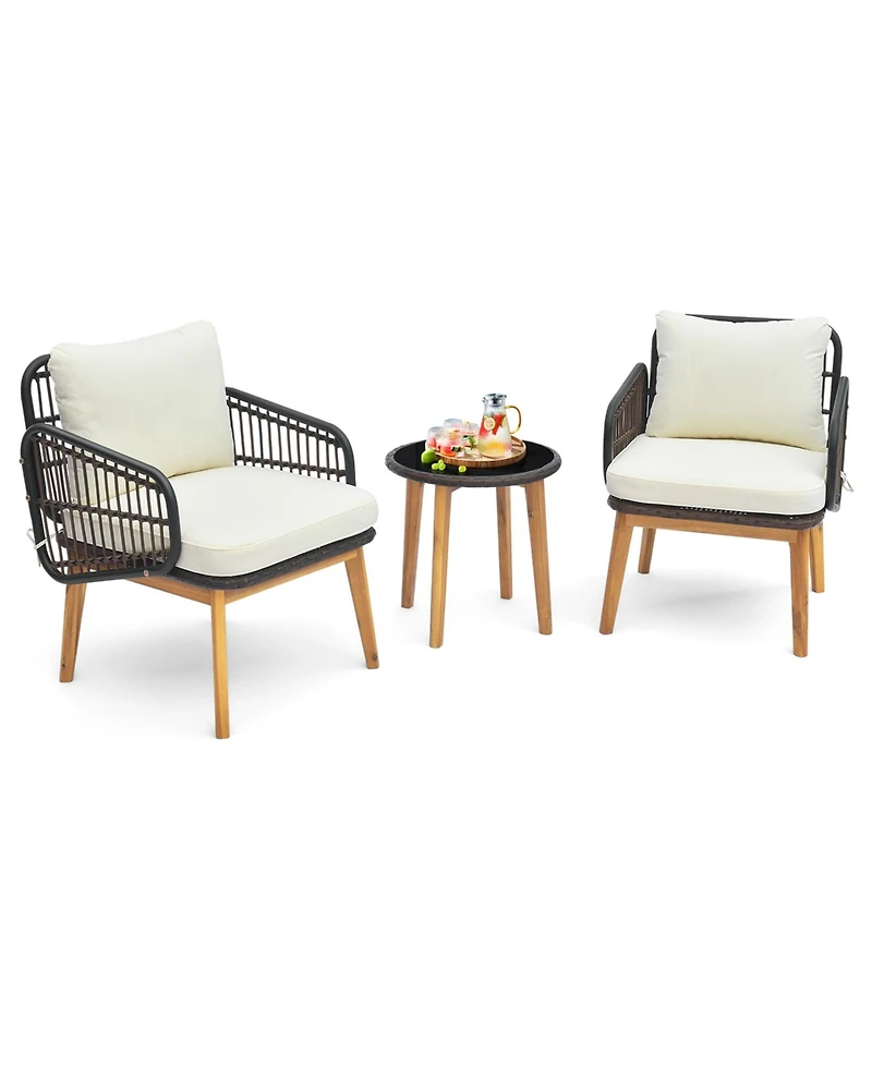 3 Pcs Patio Furniture Set with Cushioned Chairs and Tempered Glass Side Table