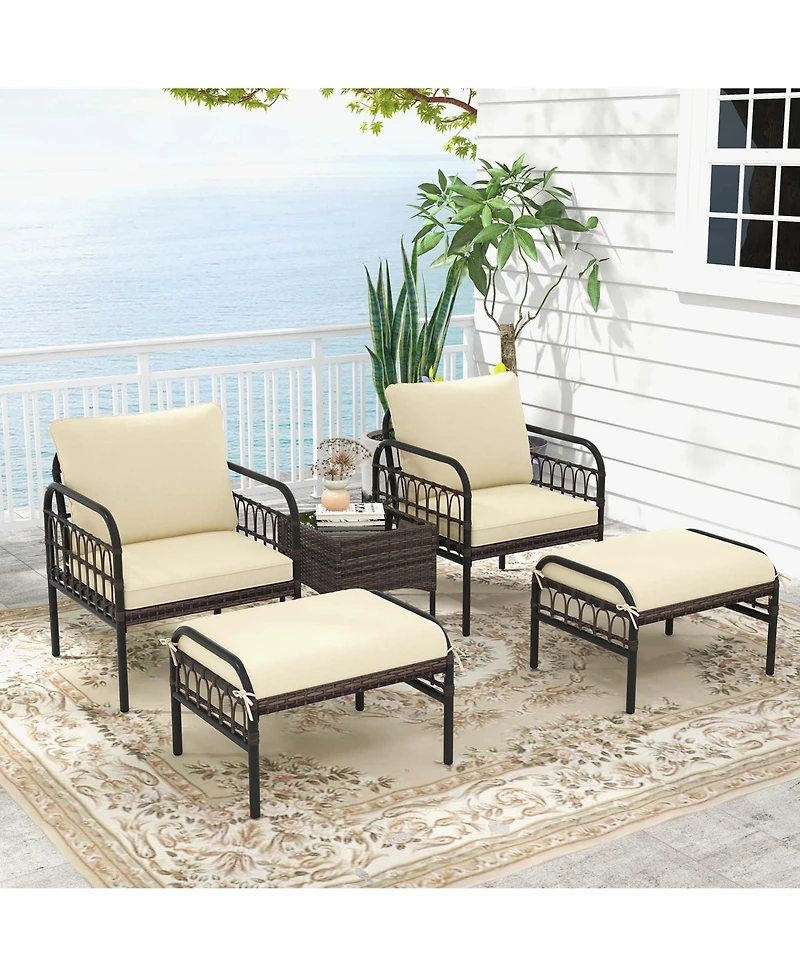 5 Pcs Patio Conversation Set Outdoor Wicker Chair Set with Ottomans & Coffee Table