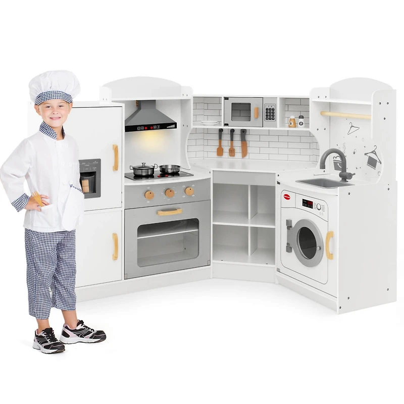 Corner Play Kitchen Toddler Kitchen Playset with Range Hood, Ice Maker, Microwave