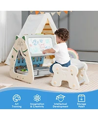 3-In-1 Kids Art Easel with Stool Magnetic Dry-Erase Board with Book Rack