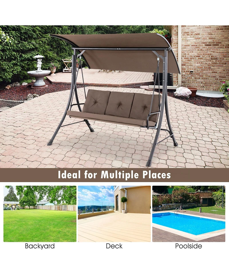 3-Seat Outdoor Porch Swing Adjustable Canopy Padded Cushions Steel Frame